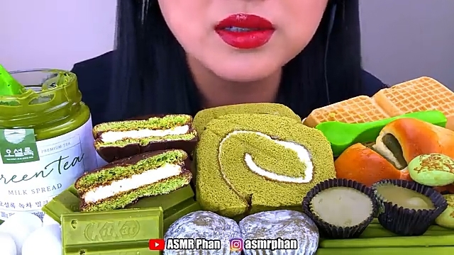 ASMR GREEN TEA ICE CREAM, CAKE, CANDY, SPOON, MOCHI, MARSHMALLOW, CHOCOLATE